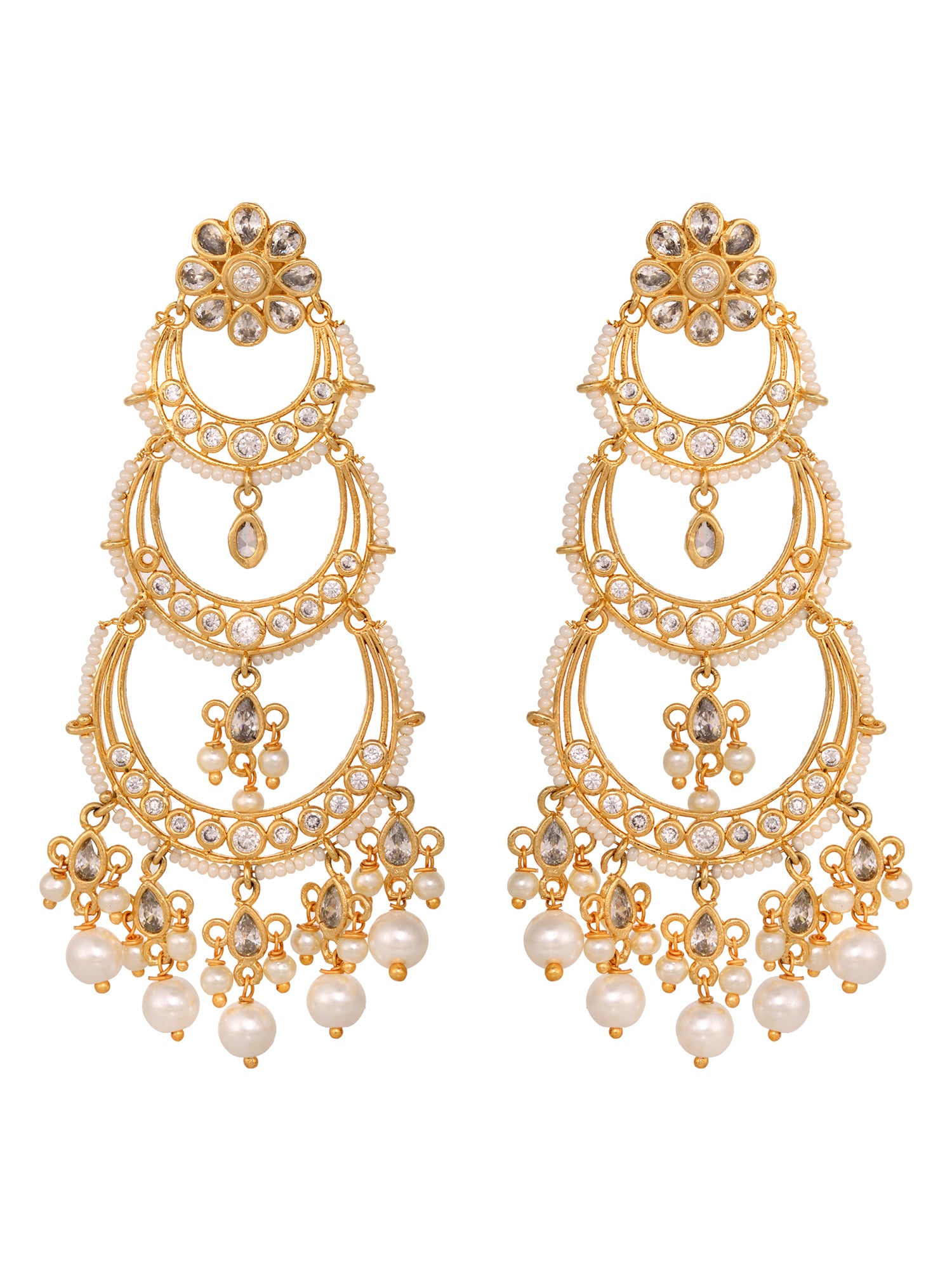 Gold Plated White AD Studded Pearl Drop Contemporary Long Chandbali Earrings